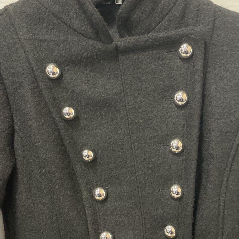 Guess Black Wool Double-Breasted Military Pea Coat - Picture 4 of 7
